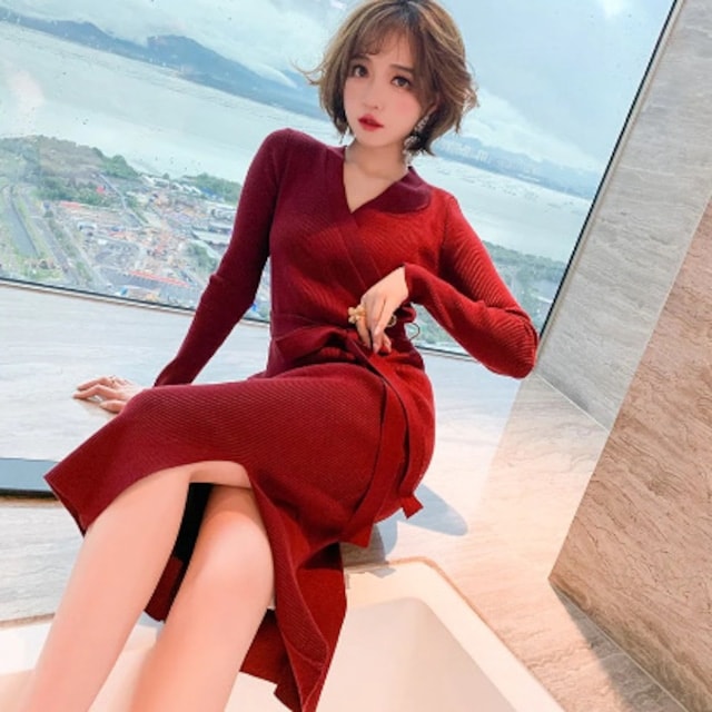 レディース カシュクール タイト リブ ニット ワンピース 2COLORS スリット ウエストリボン 長袖 大人可愛い