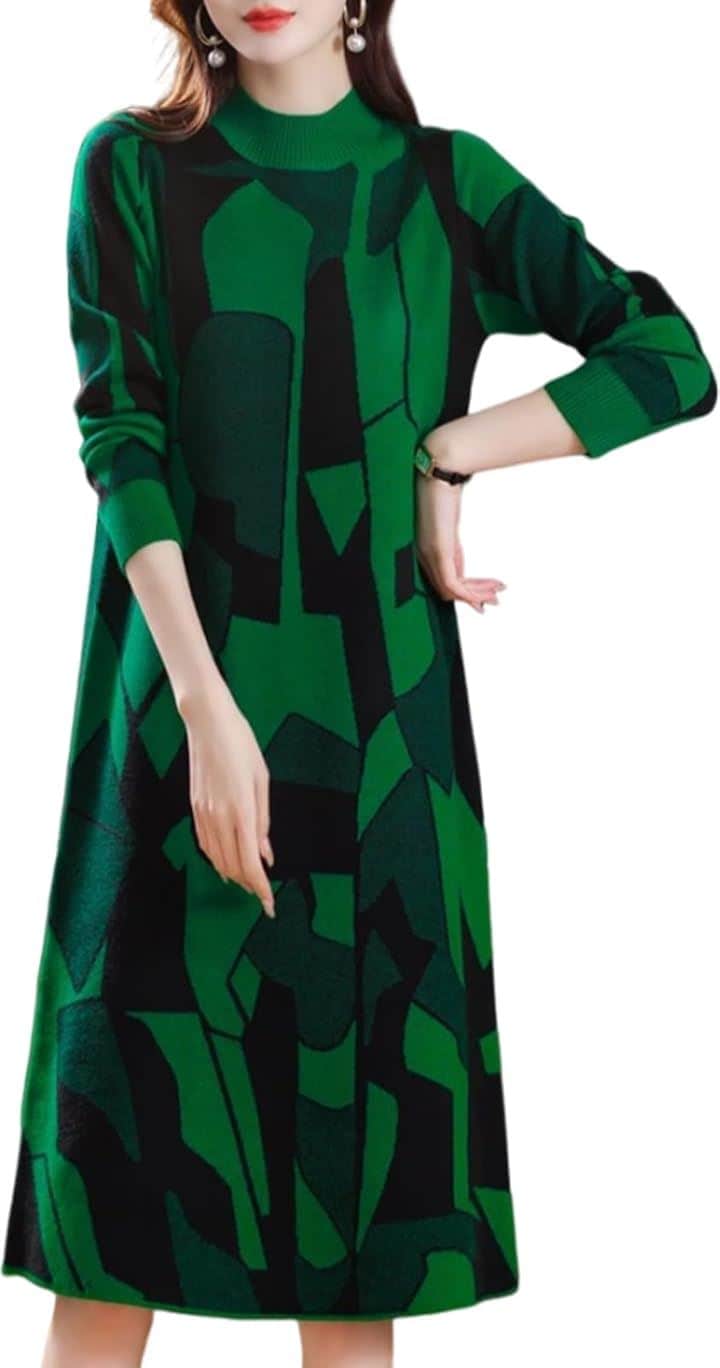 幾何学柄 ワンピース レディース 長袖 ニット ジオメトリー 総柄 膝丈 秋 冬 パターン style セミフォーマル シンプルニット リブニット お宮 参り(グリーン, XL)