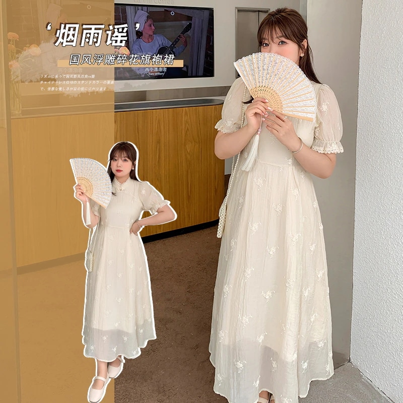 Hot!!!【ぽちゃまに】 夏ワンピース 大きいサイズ 刺繍 中華風 体型カバー チャイナドレス レディース ロングワンピース メガ割