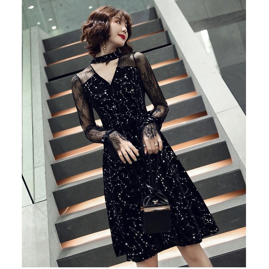 ミモレドレス 袖あり ナイトドレス プリンセスドレス 花嫁の介添えドレス 結婚式 二次会 演奏会 発