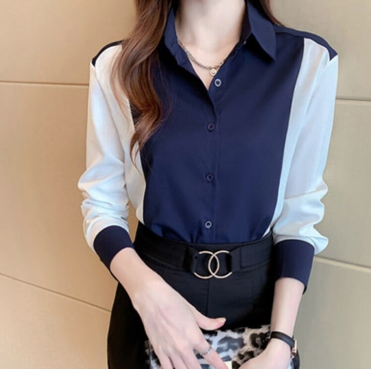 シャツ ブラウス 長袖 襟付き バイカラー おしゃれ 上品 個性的 かわいい 大人可愛い きれいめ シンプル カジュアル 無地 春 秋 ママ オフィス 学生 お出かけ デート ブルー トップス