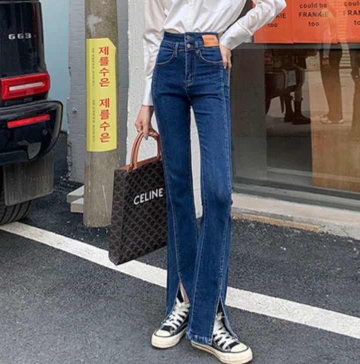 ボトムス パンツ レディース デニム ハイウエスト スリット フレア 大人可愛い きれいめ シンプル カジュアル 大人 おしゃれ お洒落 かっこいい お出かけ 休日 ブルー ブラック 2色展開