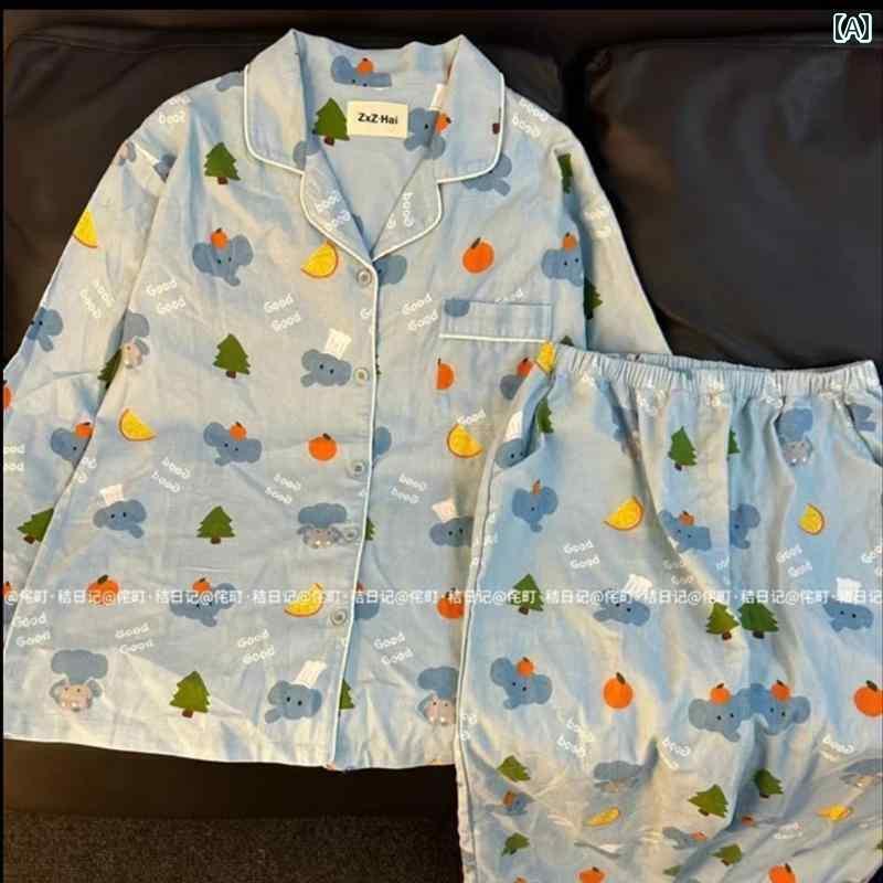 パジャマ　レディース　上下 侘び 町良質 ブルー 象 綿 長袖 パジャマ 女性 春秋 家庭 服 秋 スタイル 5,188円