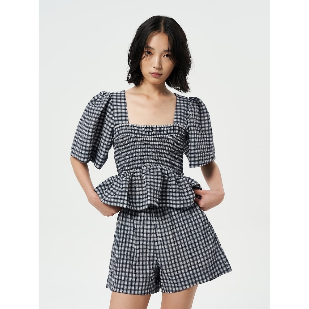 GANNI チェック柄 半袖シャツ GANNI チェックブラウス GANNI シーサッカーチェック シャツ・ブラウス