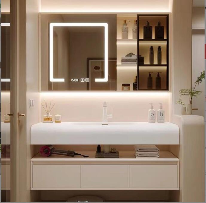 クリーム風浴室キャビネット手洗い洗面器＋キャビネットセット洗面台＋キャビネット＋スマートミラ　一体式