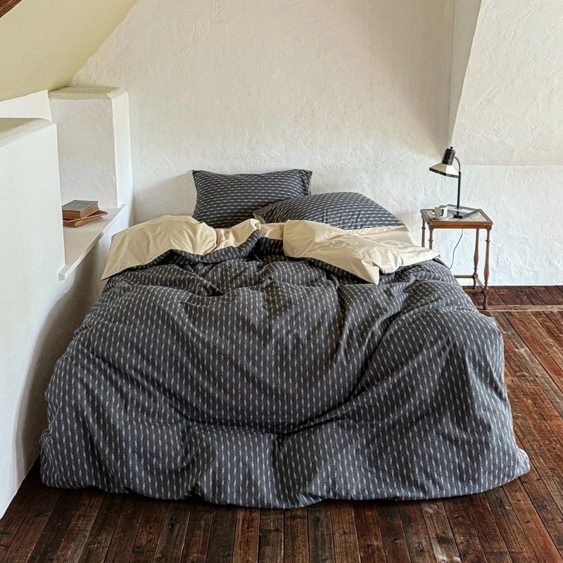 ベッドリネン 四件セット シーツ カバー プリント コットン 通年用 ブラック 60本 エアコットン 水洗い