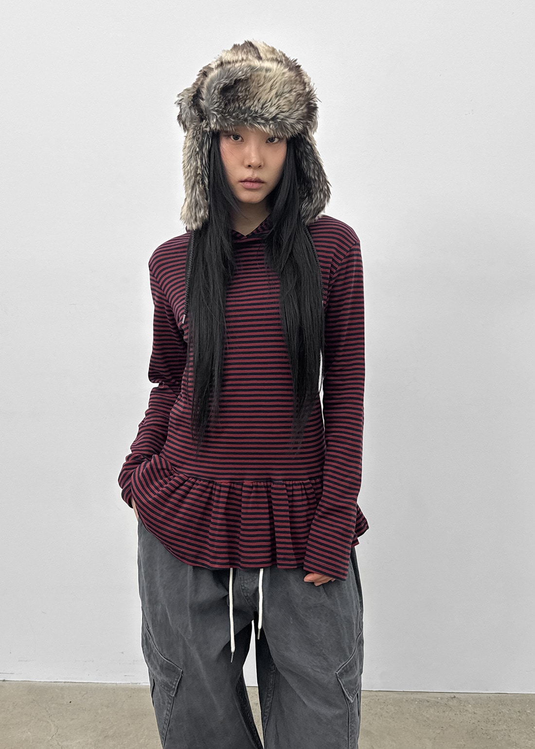 トルシャ ストライプ フリル フード付き ロングスリーブ Tシャツ