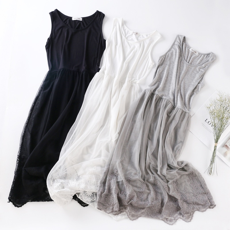 レディース ワンピース インナー タンクトップ ロング ノースリーブ ラウンドネック レース シフォン フリル かわいい 大人可愛い きれいめ シンプル カジュアル 上品 おしゃれ こなれ感 ガーリー