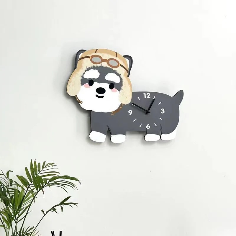 【かわいい掛け時計】シュナウザーの壁掛け時計ホームリビングの装飾クリエイティブアート漫画かわいい子犬の時計サイレント壁掛け時計