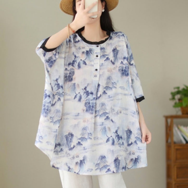 レディース トップス シャツ ブラウス チュニック 5分袖 7分袖 Uネック ラウンドネック オーバーサイズ フェミニン 異国風 ボタン かわいい 大人可愛い きれいめ シンプル 上品 おしゃれ