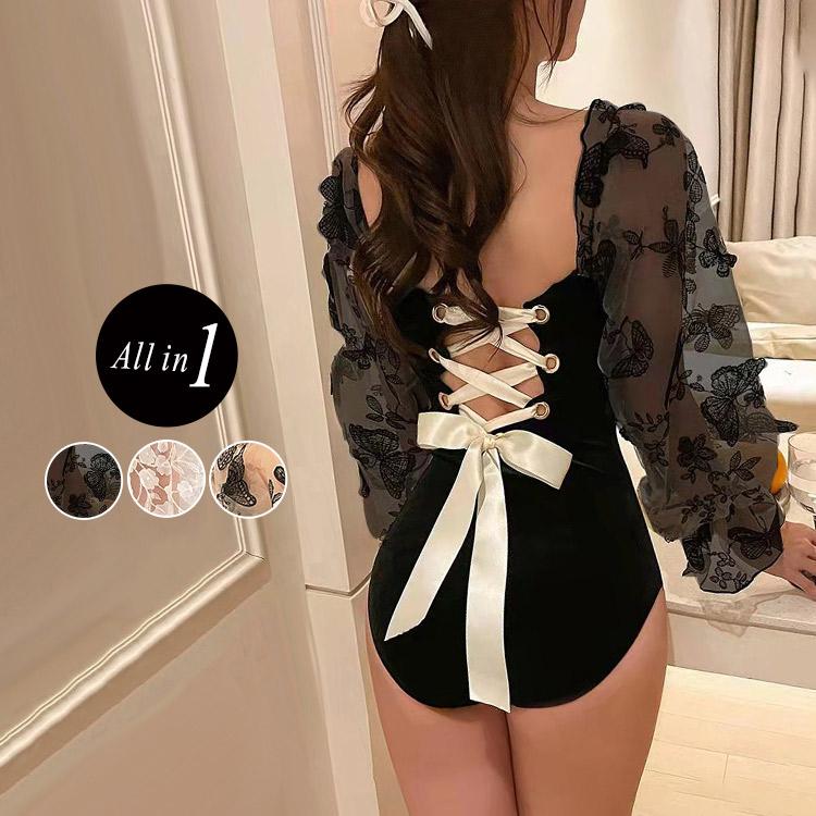 【2点購入で150OFF】【夏日限り激安SALE】水着 レディース ワンピース 体型カバー フリル 可愛い お洒落 シースルー 刺繍 長袖 10代 20代 30代