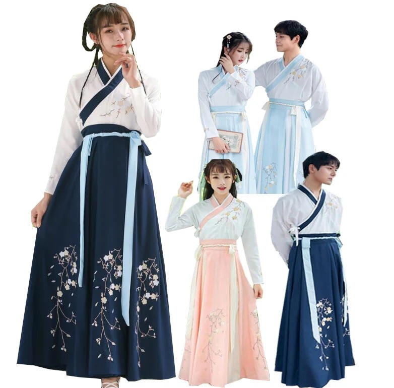 男女兼用中華服　チャイナ服　メンズ　レディース漢服唐装　男性女性　ペアルックチャイナドレス　中国風コスプレ衣装　華流舞台ステージ衣装　イベントハロウィン仮装変装　羽織＋広がるスカート　梅柄刺繍　無