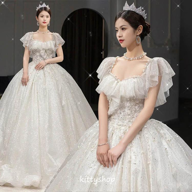 ウェディングドレス 袖あり フレア袖 オシャレ ホワイトドレス 結婚式ドレス 海外挙式 花嫁ドレス 白 パール エレガント キレイめ ロングドレス Aライン Vネック 8,545円