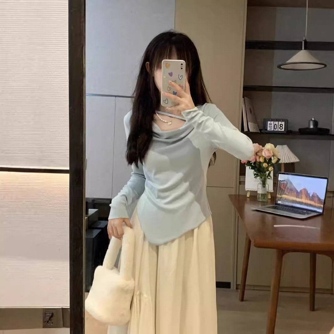 ハイエンドのカスタマイズ-初秋の優しいスタイルの女性スーツ不規則な長袖TシャツトップスハイウエストAラインスカート気質2点セット