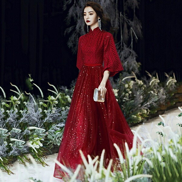 New type追加！ロングドレス 演奏会 赤 パーティードレス 大きいサイズ ピアノ 発表会 袖あり 袖付き フレアスリーブ キラキラ ハイネック 大人 ハイネック 他と被らない かわいい 上品 エ