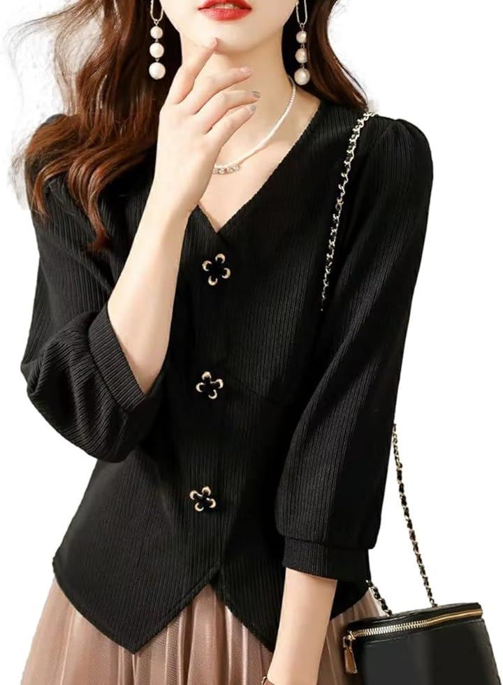 デザインボタントップス 7分袖 襟なし ファスナー付き V字裾カット スタイリッシュ 服 六分袖 春用 抜け感 秋 甘可愛い シック 大きいサイズ 素敵 スプリング (ブラック, S)