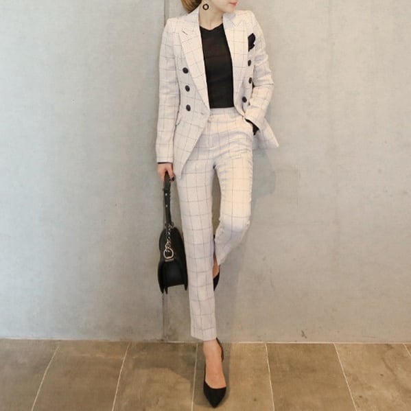 セットアップ スーツ パンツ ボトムス ジャケット ダブルブレスト 長袖 ロング アンクル丈 チェック柄 ハイウエスト セミフレア ストレート 襟付き Vネック レトロ ビッグシルエット 韓国 lsu