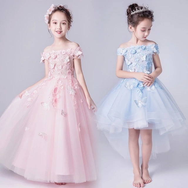 水色 ドレス 160 ピアノ発表会ドレス 子供ドレス ブルー ロングドレス ボートネック オフショルダー 女児ドレス ピンク 演奏会ドレス 女の子 フォーマル 子どもドレス ショート丈 3タイプ ステ 5,362円