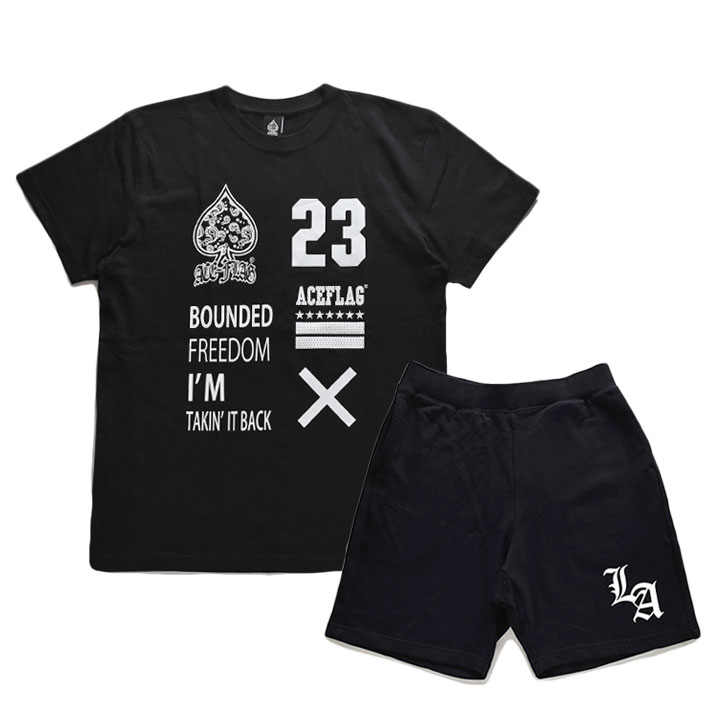 ACE FLAG 上下セット 半袖 ブランド Tシャツ ハーフパンツ メンズ 春夏用 黒 大きいサイズ エースフラッグ セットアップ シンプル オールド文字 ペイズリー