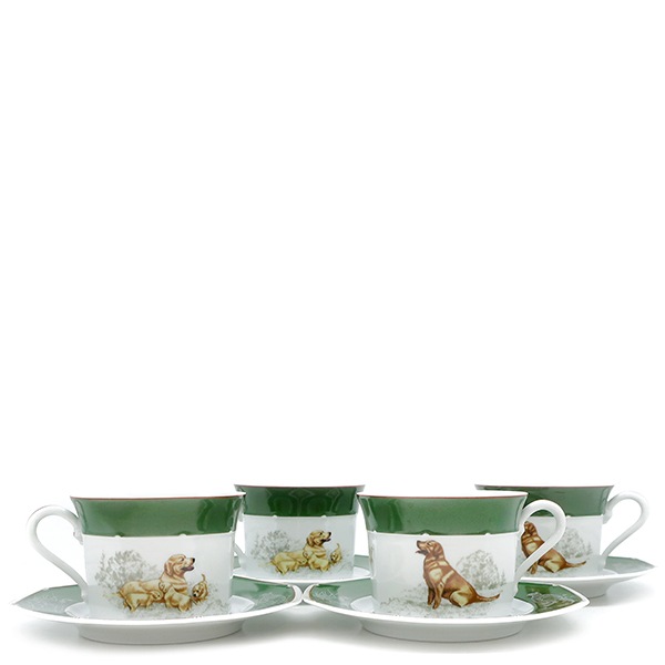 エルメス HERMES 食器 シャス グリーン ラブラドールレトリバー モーニングカップ＆ソーサー４客セット 陶磁器 ホワイト×グリーン 緑 犬柄 【中古】 42,179円