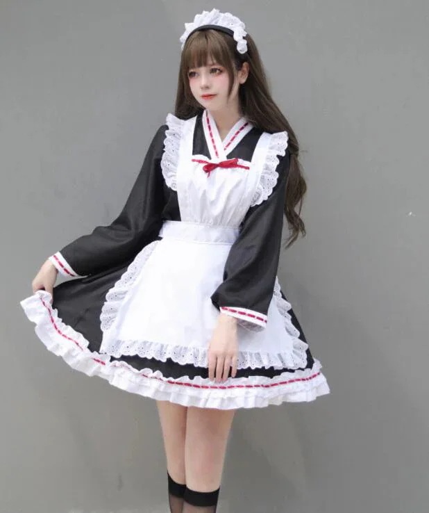 ハロウィン メイドドレス コンカフェ 和物ドレス ショート丈 メイドコス ウェイトレス 膝丈 メイド 【新品先発】メイド服 裾フリル オリジナル 萌え萌え 和風 コスプレ衣装 長袖 改良 大人 着物
