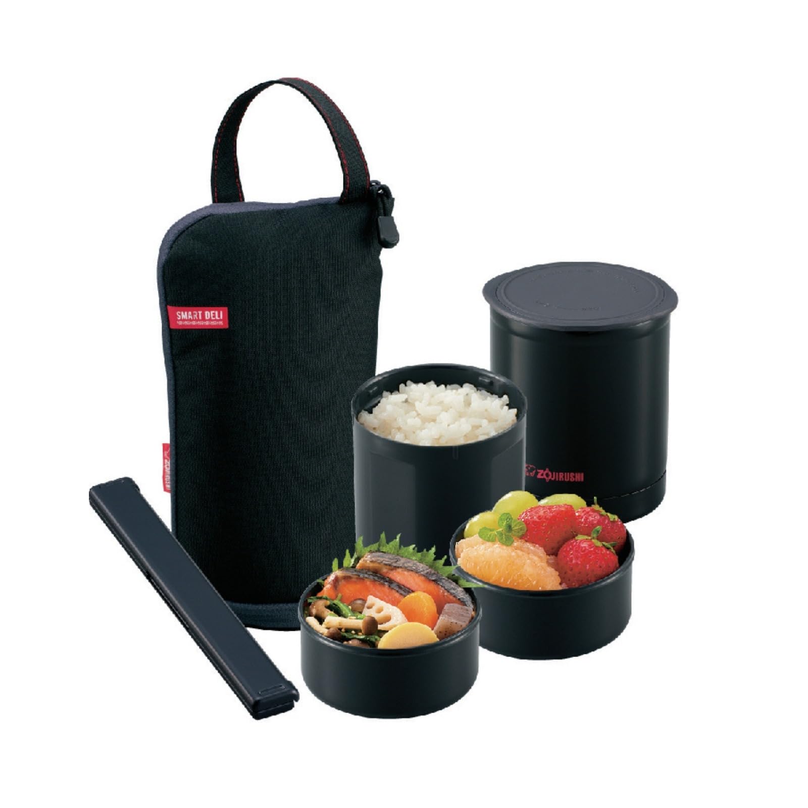象印マホービン(ZOJIRUSHI) ステンレス フード ジャー 保温 弁当箱 箸 & ランチ バッグ 付き 電子レンジ 対応 ごはん容器 0.24L おかず容器 0.19L × 2 個 ブラック S