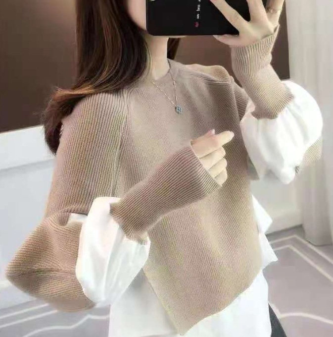 秋と冬プルオーバーセーターレディースパッチワークシャツフェイクツーピースファッションニットセーターアウターレディース服349