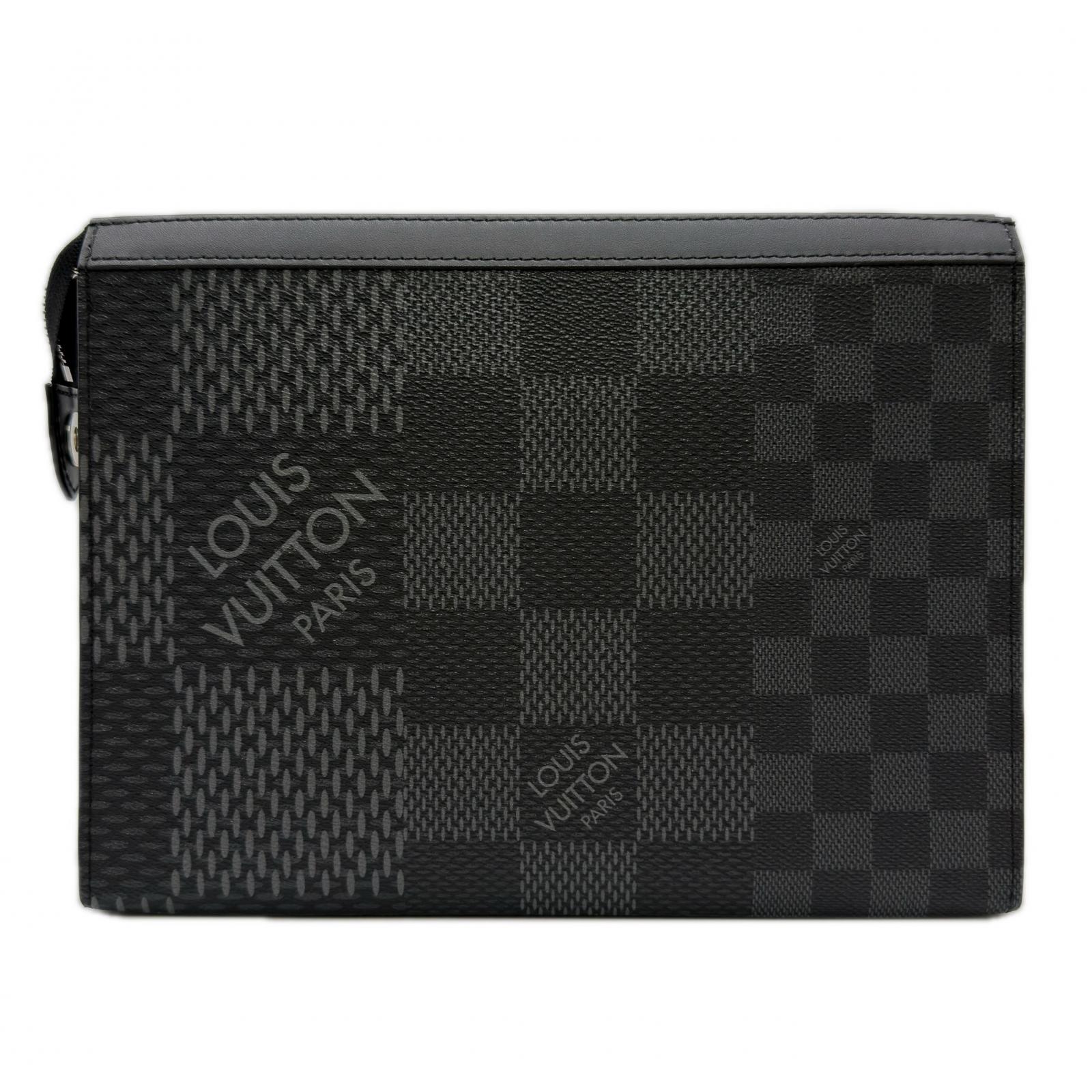 3日以内返品可 美品 クラッチバッグ ダミエ グラフィット3D ポシェット ヴォワヤージュ MM N60444 ブラック グレー コーティングキャンバス レザー メンズ