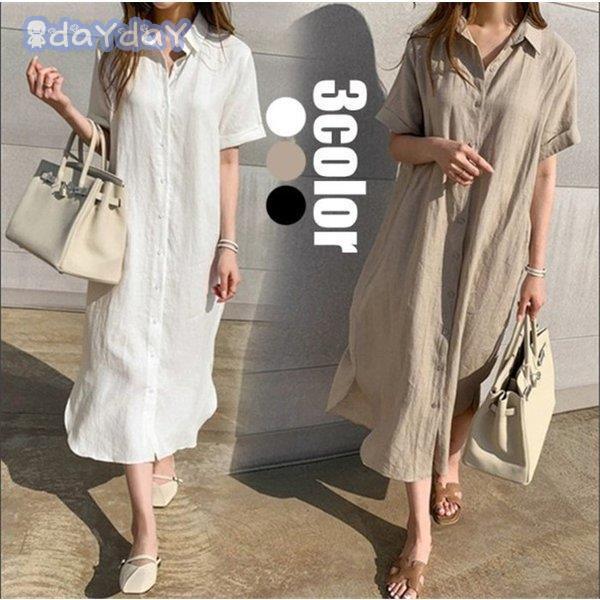 【迅速出荷】 ワンピース レディース 夏 半袖 40代 30代 綿麻ワンピース きれいめ 風 オシャレ 通勤　シャツワンピース カジュアル 無地 ロング丈ワンピース 3色