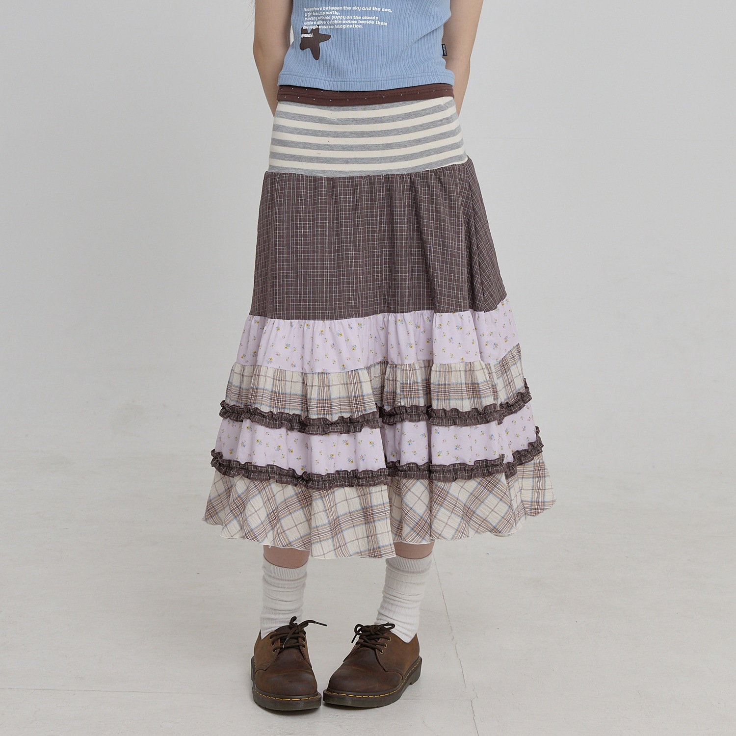 Mix Pattern Midi Skirt BROWN
