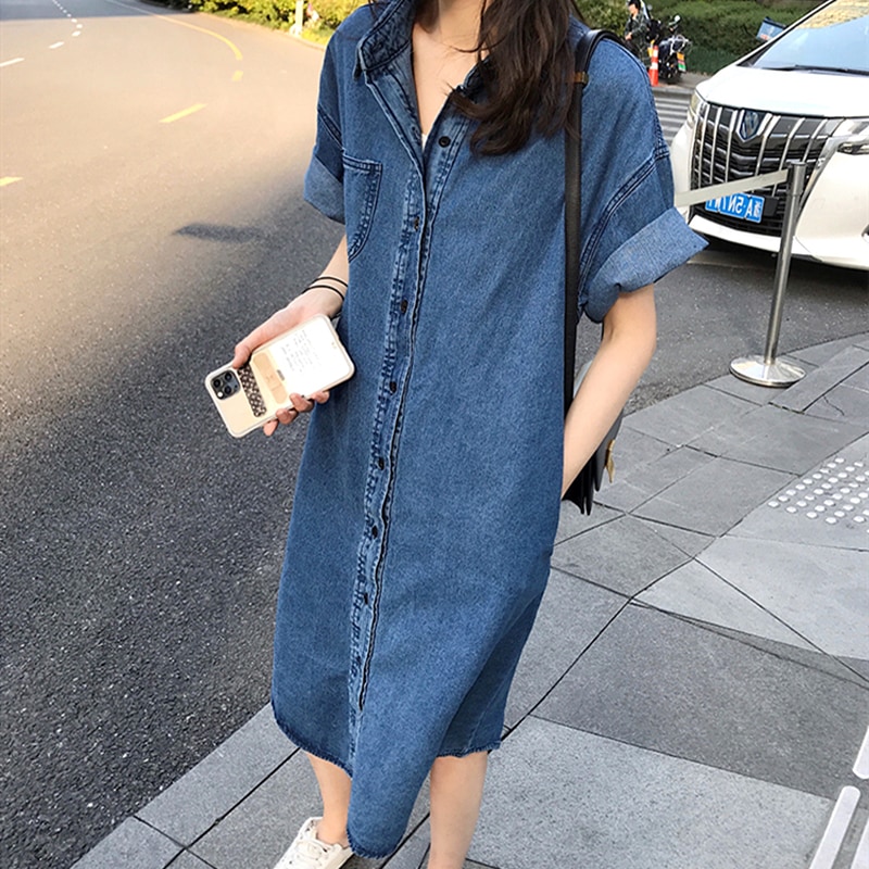 ワンピース シャツワンピース デニムワンピース 膝丈 ひざ丈 膝下 袖あり 半袖 ドロップショルダー Vネック 襟付き セミフレア ストレート ワイド Iライン 前開き 2way デニム