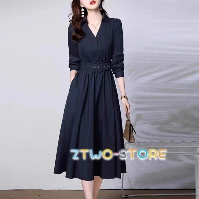 安い 襟つき ワンピース 春 きれいめ ワンピース ミモレ丈 ワンピース 長袖 ロング 春 秋 ワンピースドレス 上品 シンプル 無地 大きいサイズ 3L 4L ベルト付き