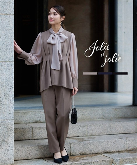 パンツスーツ 結婚式・パーティードレス リボン前開きウエストタックブラウス＋パンツセット 大きいサイズ