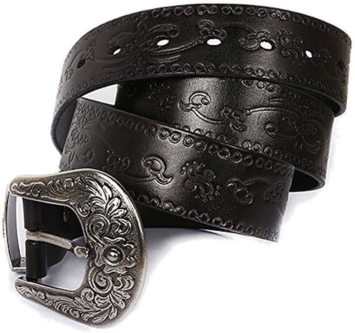 Laquest レザー ベルト 唐草柄 型押し 牛革 メンズ 革ベルト( ブラック, Free Size)
