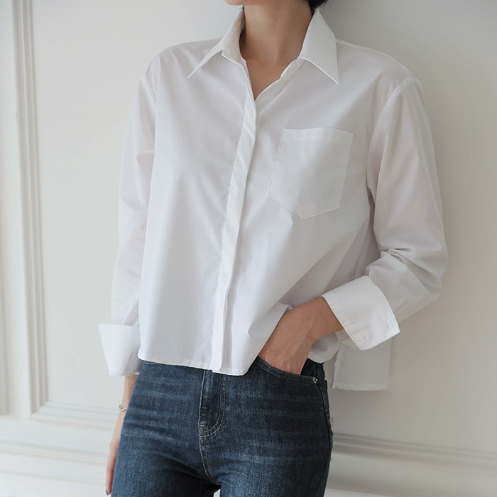 [韓国ファッション] 女性用 カラー ワンポケット スパン クロップ シャツ 5,495円