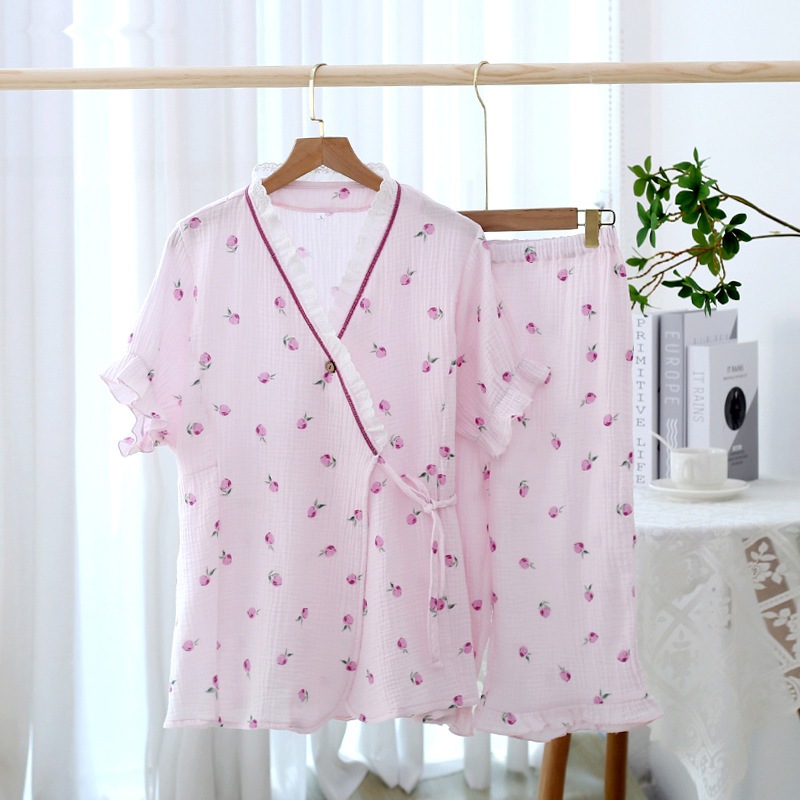 大きいサイズ パジャマ レディース 上下セット 長袖 ルームウェア 前開き 冬 秋冬 暖かい コットン 前開き マタニティ パジャマ 春夏和服テザーの女性の夏の純綿ガーゼ甘い汗蒸し服半袖七分ズボン薄手