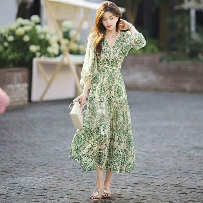 ワンピース ドレス 袖あり ボタニカル レース Vネック レディース きれいめ カジュアル ミモレ丈 七分袖 大人 可愛い フェミニン 体型カバー ハイウエスト 透け感 シアー フレア Aライン ナチ