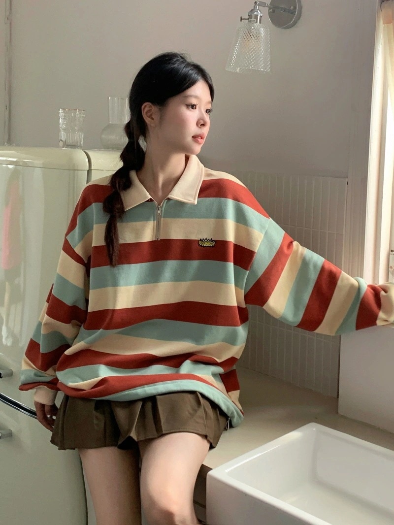 2024秋冬トレンドトップス長袖かわいいK-POPTロング黑白レディース韓国風ロゴ衣カラールーズゆったりカジュアルハーフおしゃれサイズスリーブシルエットファッションサイドシャツフット春