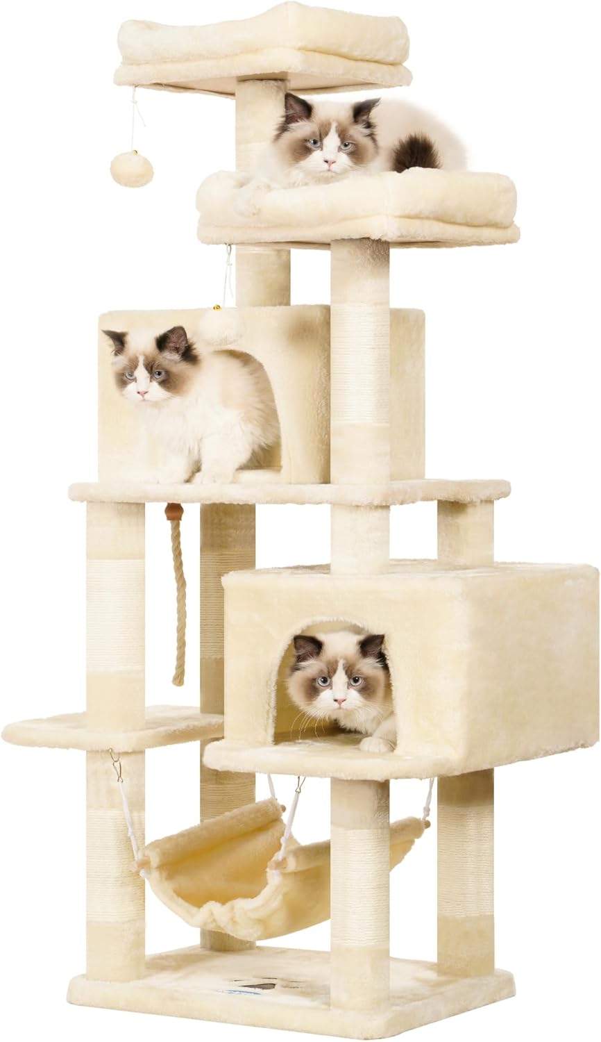 Hey-brother キャットタワー 省スペース 据え置き型 猫タワー おしゃれ 登りやすい 2つの猫屋 2つのクッション入りベッド 天然シサル爪研ぎ柱 ハンモック 高さ145 cm