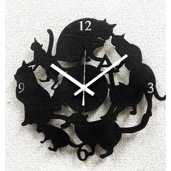 壁掛け時計 おしゃれ 猫 ネコ ねこ アート ウォールクロック かわいい 壁飾り cat シルエット 黒 ブラック