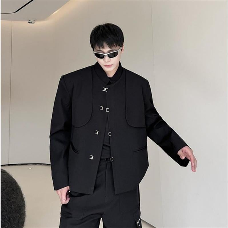 メンズ カジュアルスーツ ブレザー スタントカラー ブラックジャケット 長袖 アウター 公演 クラブ ヒップホップ クール ダンス発表会 外套 男子服 上着