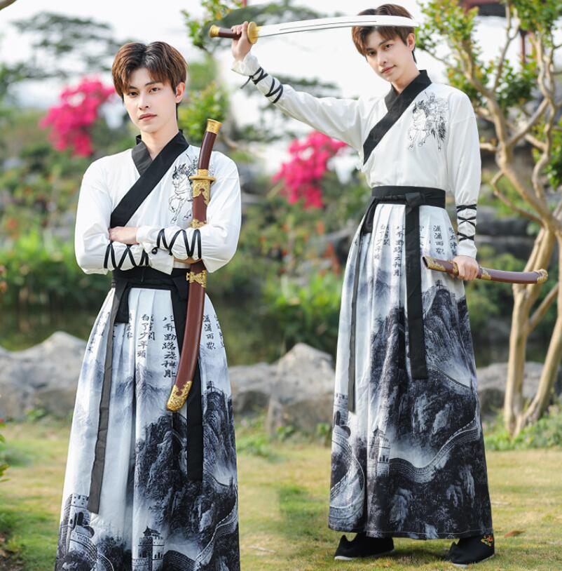 【2025新作入荷】コスプレ衣装メンズ漢服コスプレ服チャイナハロウィン舞台ステージダンス衣装 唐装2点セットアップ演出服 古代カジュアル大人用 長袖 交差襟コスプレ衣装トップス 袴スカート学園祭パーテ