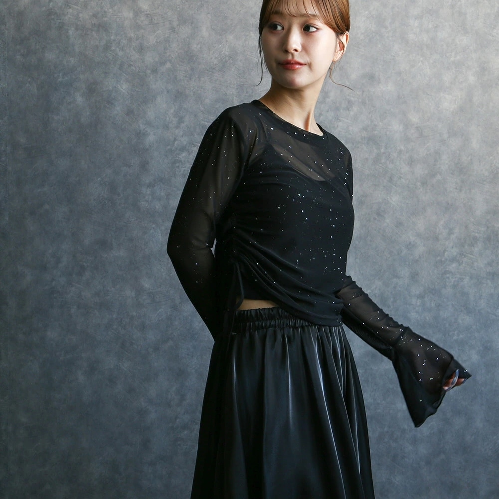 シアー ラメ トップス レディース 長袖 カットソー シアートップス 黒 ブラック 透け感 インナー付き キラキラ tシャツ きれいめ 送料無料