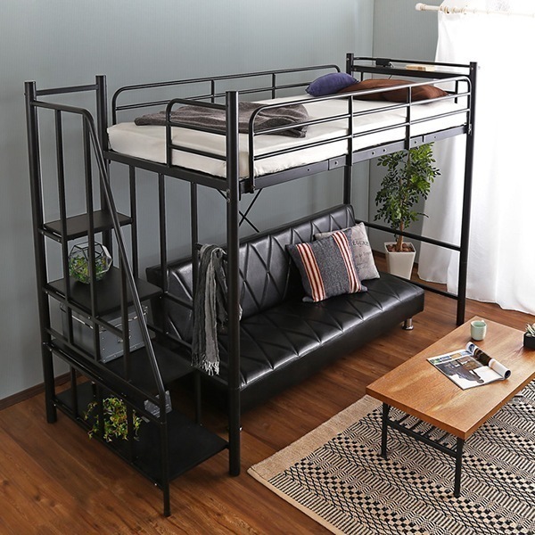 階段付パイプロフトベッド 4色 ハイタイプでもミドルタイプでも選べる大容量の収納力