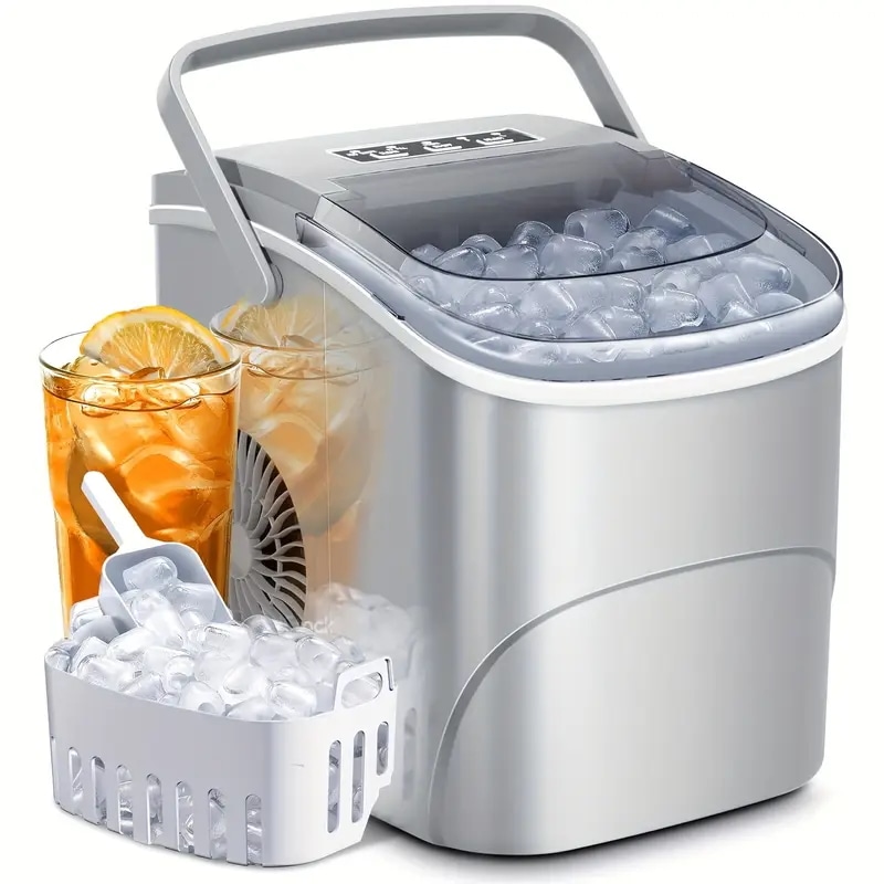 業務用製氷機ステンレス仕上げ透明ウィンドウ小型製氷機最短6分1.2L（600g）水タンク自動洗浄機能付きアイスストレージ容量21.2oz グレー