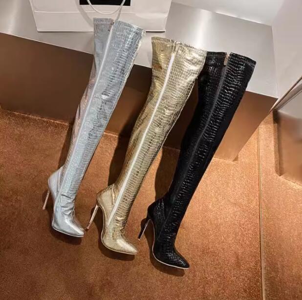 初回限定レディースブーツ　ロングブーツ　ニーハイブーツ　ストレット　ロング丈　秋冬　超ハイヒール　光沢　サイハイブーツ　大きいサイズ　29cmまで　小さいサイズ　ピンヒール　スーパーロングブーツ ダン
