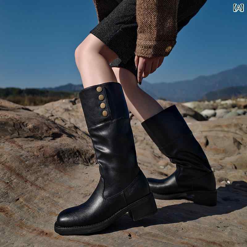 ロングブーツ レディース カジュアル おしゃれ 女性用 暖かい レトロ ウエスタンブーツ 冬用 ツー ウェア ブーツ プラッシュ 裏起毛 太い ヒール ラウンドトゥ ハイ プリーツ パイル ブーツ 8,416円