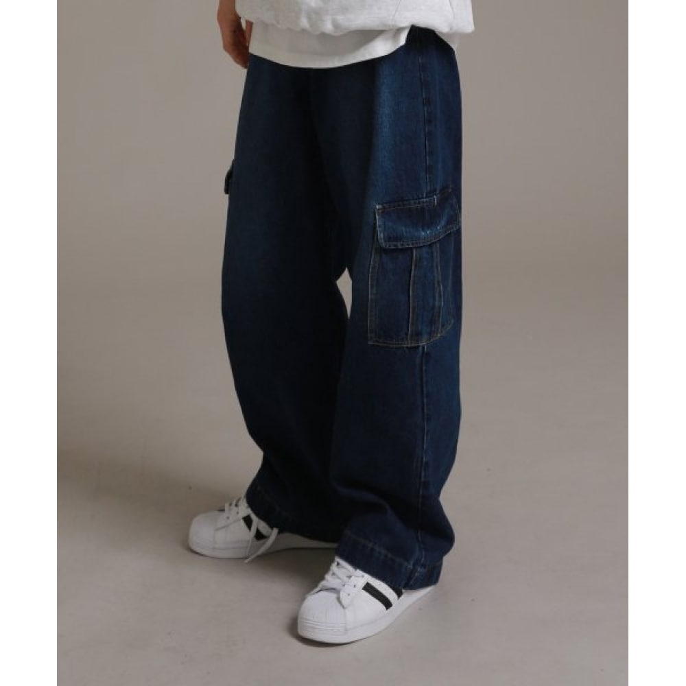 LIKE THE MOST ワンタックカーゴワイドウォッシュデニムパンツ [ディープブルー]