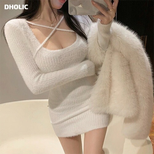 [メガ割りSALE]クロススクエアネックソフトニットミニワンピース