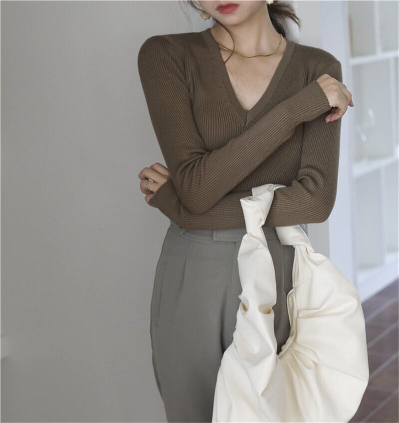 Vネックインナーニット トップス ニットソー 白トップス l 長袖 Vネック タイト 綿 きれいめ シンプル 上品 おしゃれ お洒落 フォーマル 無地 秋 レディース ビジネス OL 通勤 学